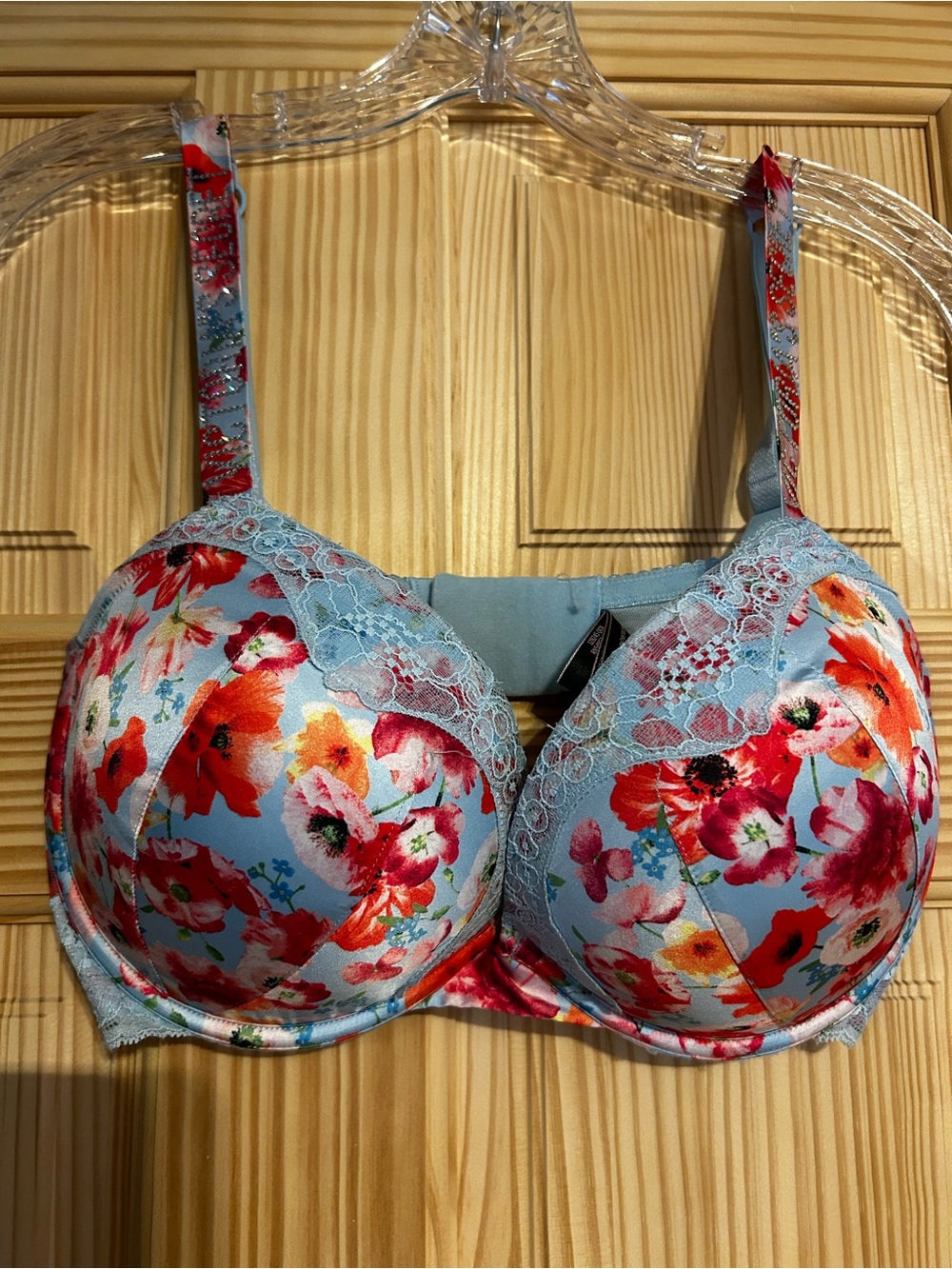 Victoria's Secret Bombshell Push Up Blue Floral Lace Bra 36DD Rhinestone straps